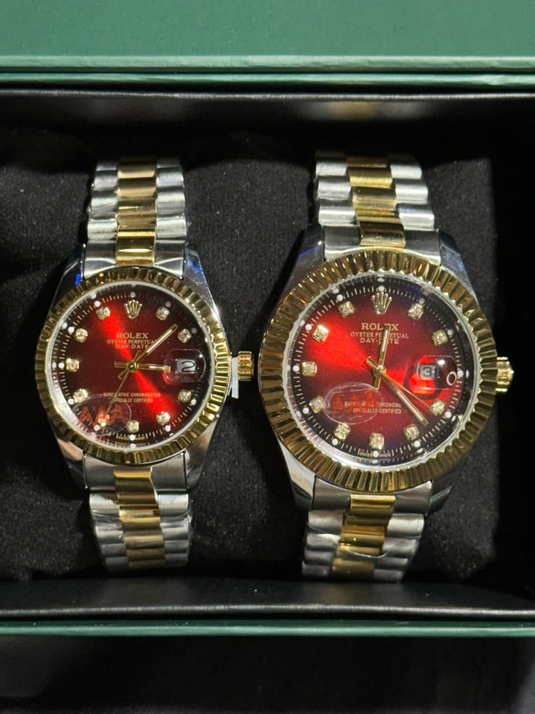 Royal Two-Tone Edition – Luxury Ruby Red Dial Couple Watch Set